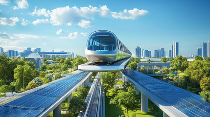 Futuristic Eco-Friendly Train Traveling Through a Green City - made with Generative AI
