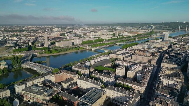 The drone aerial view of River Seine runs through the city of Rouen, Primate of Normandy, France.