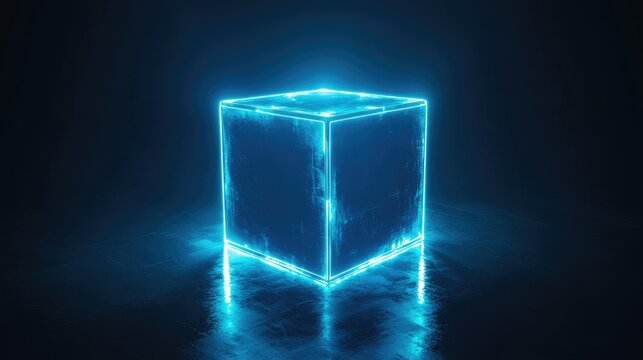 A radiant, glowing neon blue cube floating in an empty space, representing technology and innovation against a transparent background