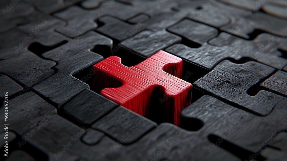Poster puzzle piece fitting perfectly into a larger image, symbolizing unity and connection, evoking feelin
