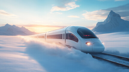 Fototapeta premium Futuristic High-Speed Train Gliding Through Snowy Landscapes - made with Generative AI