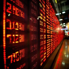 Fototapeta premium A large stock exchange screen, numbers flashing red and green, representing constant change in stock values, [market volatility], [stock price fluctuation]