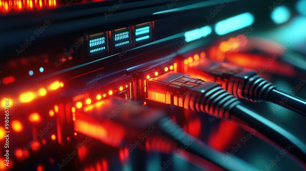 Poster a sleek network switch with glowing leds and connected network cables, showing real-time data transm