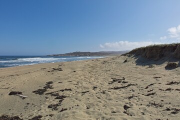 Beach landscape view near Russian border on a sunny spring day, Grense Jakobselv, Norway.