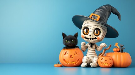 A whimsical Halloween scene featuring a cute mummy character, black cat, and decorative pumpkins on a blue backdrop.