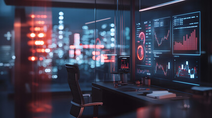 Fototapeta premium Modern Office with Financial Data Screens and City Skyline View