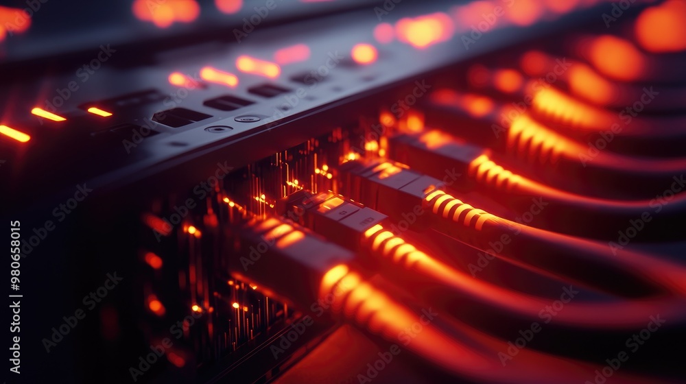 Poster a sleek network switch with glowing leds and connected network cables, showing real-time data transm