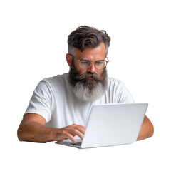 Bearded man in glasses working on laptop isolated on transparent background