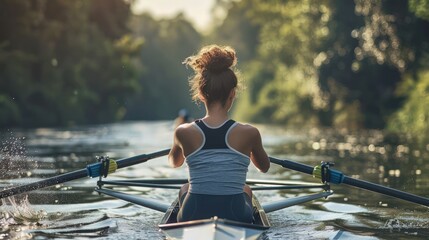 Woman rowing in a boat on a lake