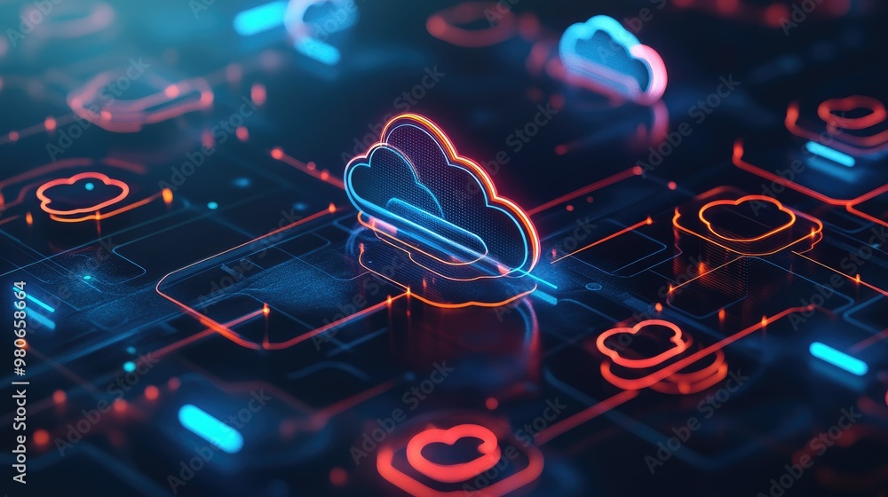 Poster A variety of cloud icons in both 2D and 3D styles, visualizing multi-cloud data connectivity and integration on a futuristic background