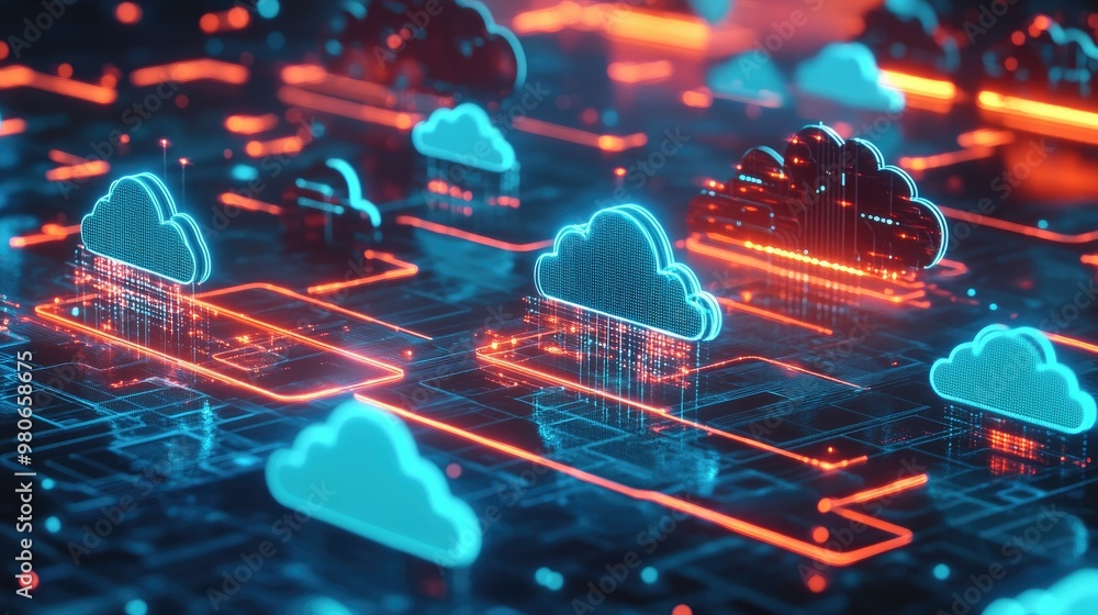 Poster a variety of cloud icons in both 2d and 3d styles, visualizing multi-cloud data connectivity and int