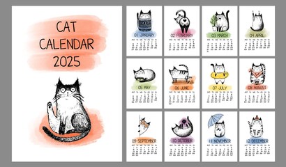 2025 Annual Calendar animals. Set of 12 month illustration. Hand Drawn Sketch of funny cats isolated on white background.