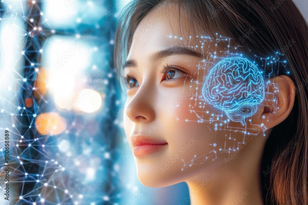 Poster portrait of a young woman with glowing digital neural pathways symbolizing the fusion of artificial 