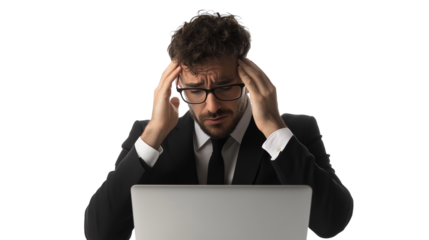 Confused stressed businessman scratching his head  looking at  laptop isolated on transparent background