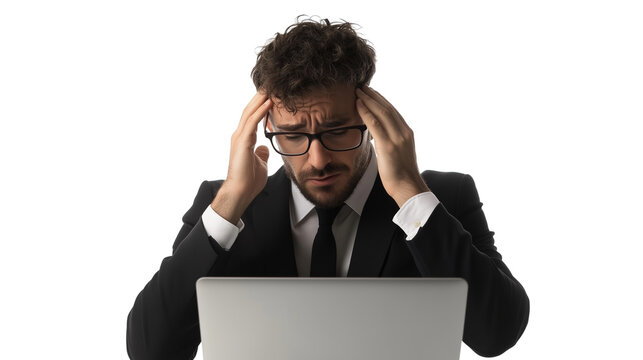 Confused stressed businessman scratching his head  looking at  laptop isolated on transparent background
