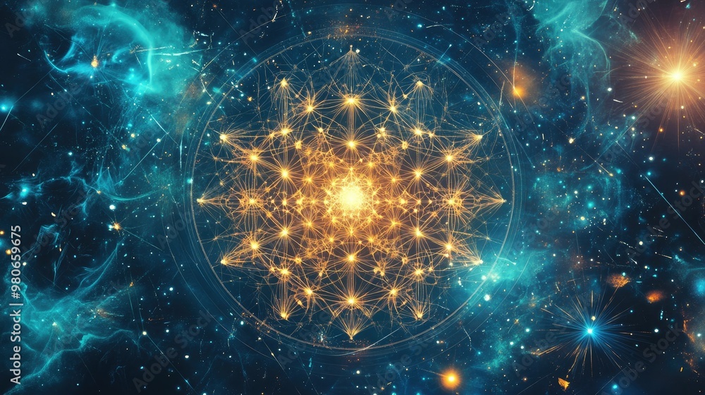 Poster digital representation of sacred geometry patterns with modern tech vibes, leaving space for belief 