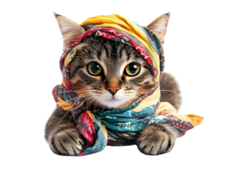 American Curl cat sitting in Halloween mummy wrap headband colorful costume isolated on transparent background PNG