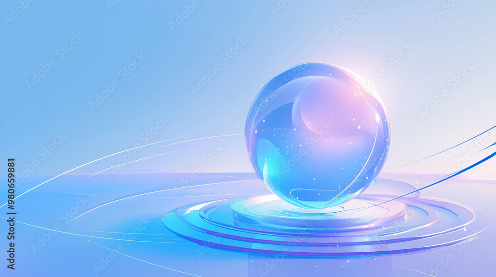 Aufkleber blue background with a transparent sphere on it, many dots on it, and a circular platform under it