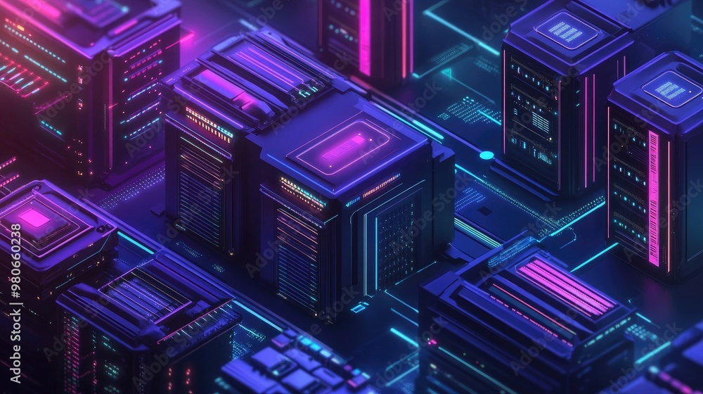 Poster an isometric 3d server room with neon lights and servers processing data, symbolizing the concept of