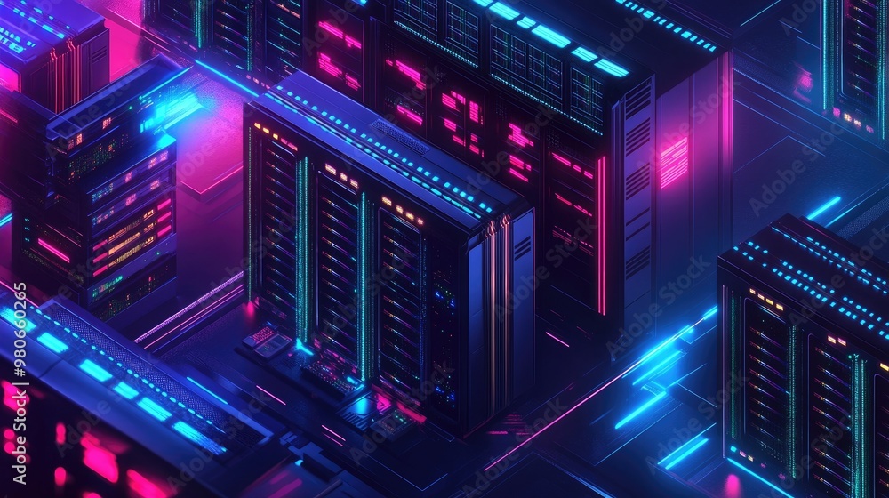 Poster an isometric 3d server room with neon lights and servers processing data, symbolizing the concept of