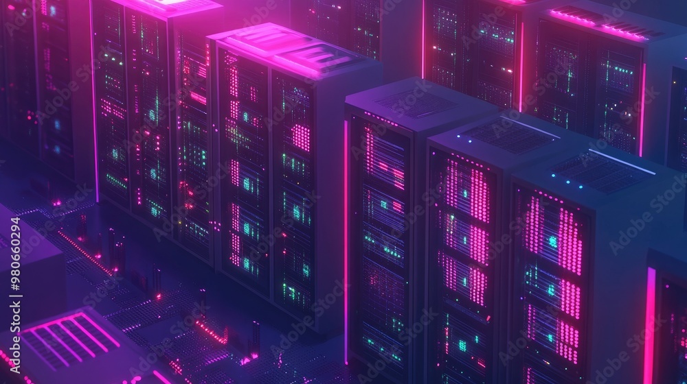 Poster an isometric 3d server room with neon lights and servers processing data, symbolizing the concept of