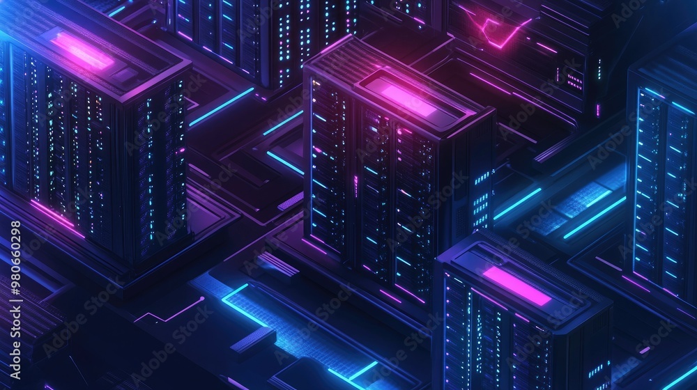 Poster an isometric 3d server room with neon lights and servers processing data, symbolizing the concept of
