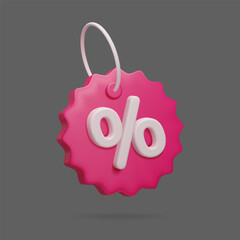 3D discount percent price tag. Sale promotion special offer pin.Pink round tag with white percent sign 3D vector decor element. Summer sale, online shopping, promo voucher coupon sign 3D vector icon.