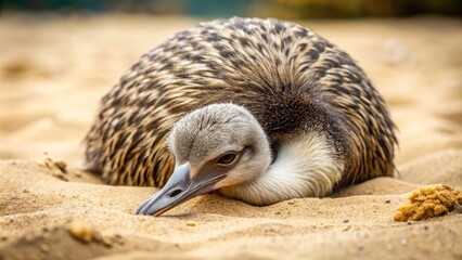 A bird devoid of wings, yet hiding its head in the sand, embodying obliviousness to reality's harsh truths.