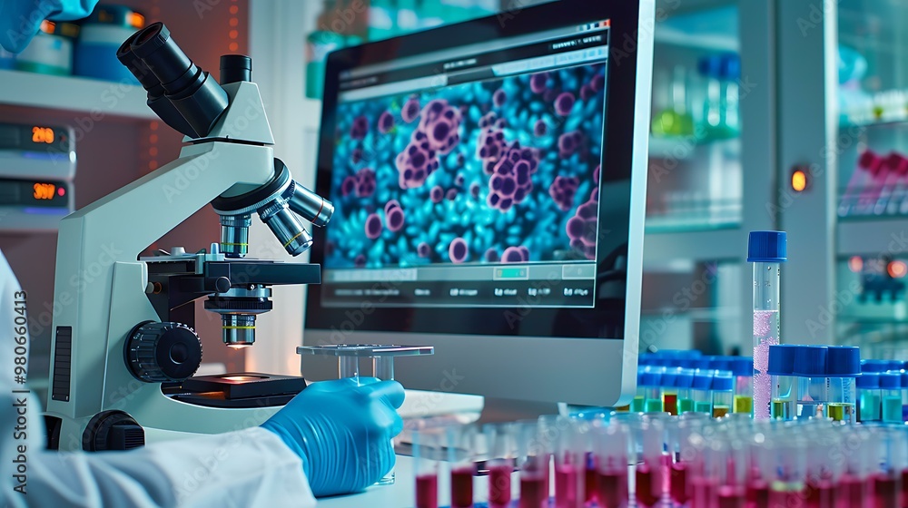 Poster a scientist carefully pipetting samples into a multi-well plate in a modern laboratory setting, with