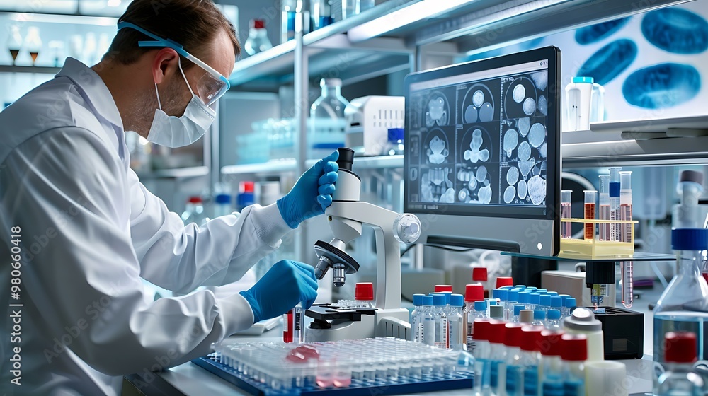 Poster a scientist carefully pipetting samples into a multi-well plate in a modern laboratory setting, with