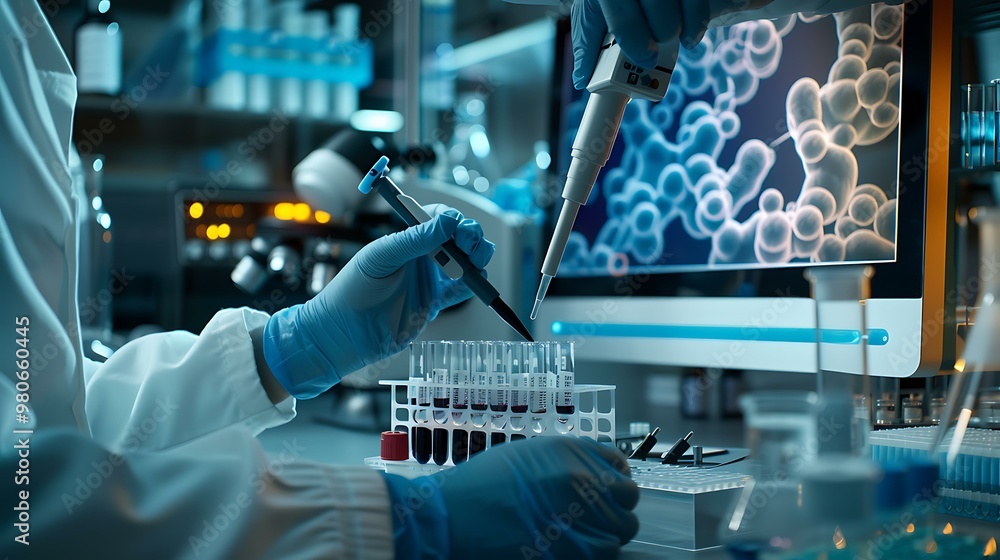 Poster laboratory researcher using a pipette to transfer liquids into a multi-well plate, surrounded by hig