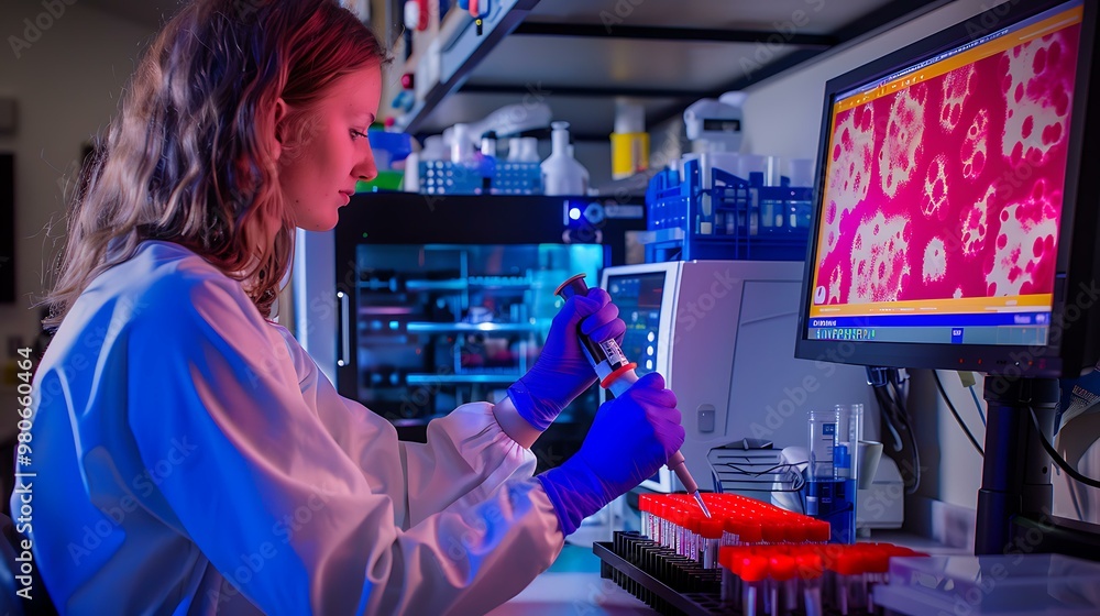Poster laboratory researcher using a pipette to transfer liquids into a multi-well plate, surrounded by hig