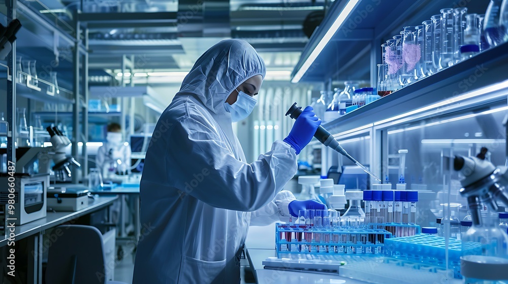 Poster laboratory researcher using a pipette to transfer liquids into a multi-well plate, surrounded by hig
