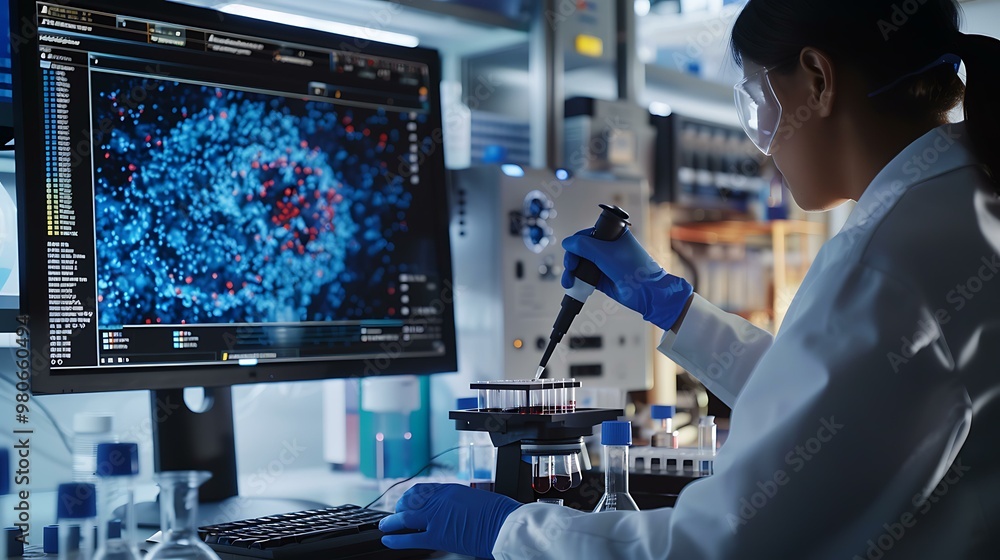 Poster laboratory researcher using a pipette to transfer liquids into a multi-well plate, surrounded by hig