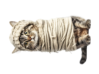 American Shorthair cat sitting in Halloween mummy costume isolated on transparent background PNG, highly detailed