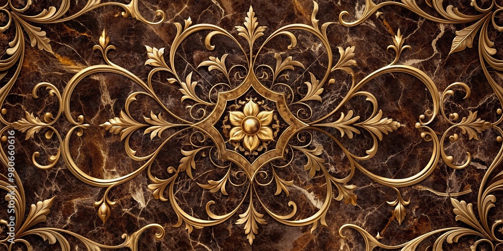 Poster luxurious dark brown and gold marble tile texture features intricate patterns of swirling shapes and