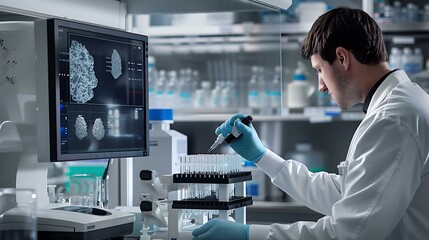 Researcher wearing lab coat and gloves pipetting samples into a multi-well plate in a sterile lab environment, with a monitor in the background showing a digital image of cellular activity