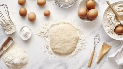 Baking preparation scene with dough, flour, eggs, and other essentials, shot from above on a white background.