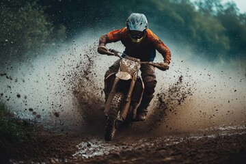 A motocross rider speeds through muddy terrain, creating a spray of dirt and dust.