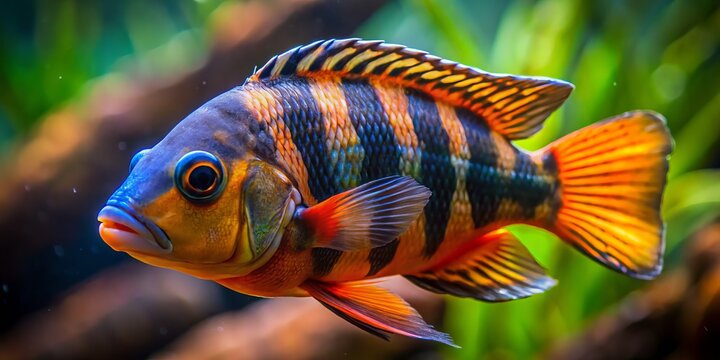 A brightly colored cichlid fish with striking orange and black stripes surveys its surroundings from the confines of