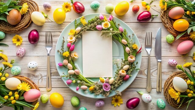 Colorful Easter-themed flat lay featuring a decorative wreath on a plate, blank card, and menu mockup, surrounded by festive dinner decorations and spring flowers.