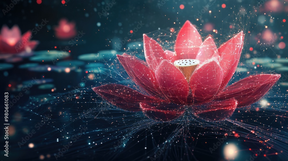 Aufkleber indian lotus design surrounded by digital pixels and particles, with ample space for tech belief mes