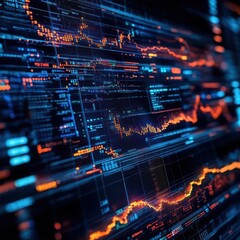 Obraz premium High-tech trading algorithm visualized as complex lines of code generating volatile stock prices on a digital interface, [algorithm trading], [AI-driven market]