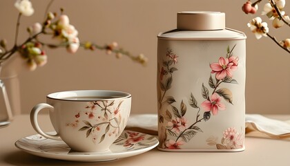 Elegant packaging design for coffee or tea cups featuring delicate beige-pink hues, intricate textures, and floral patterns