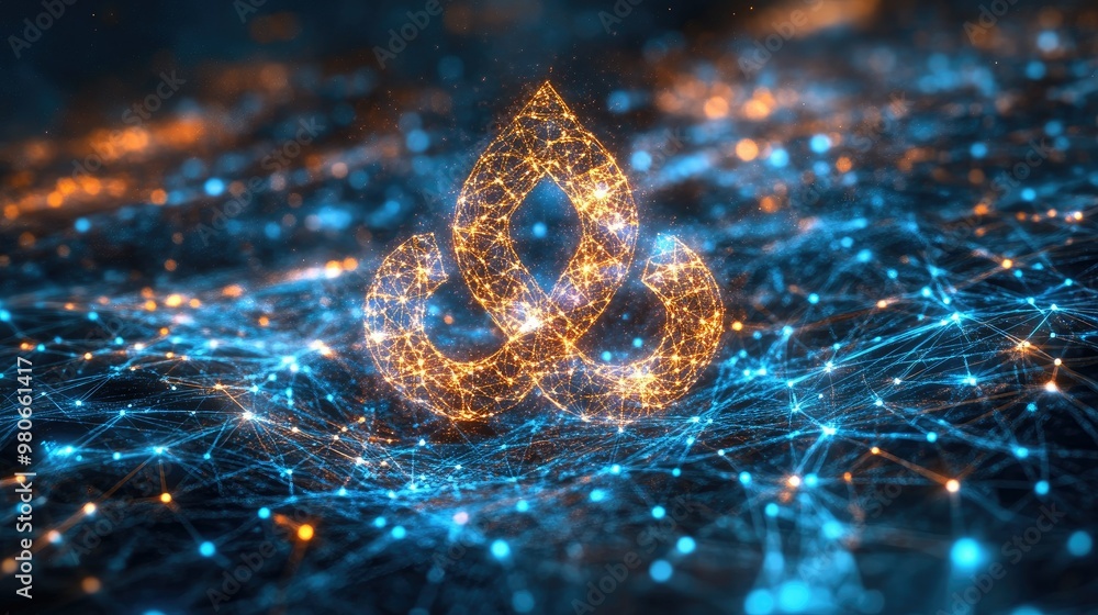 Poster om symbol and digital network lines intertwining in a tech-inspired design, with space for copy.