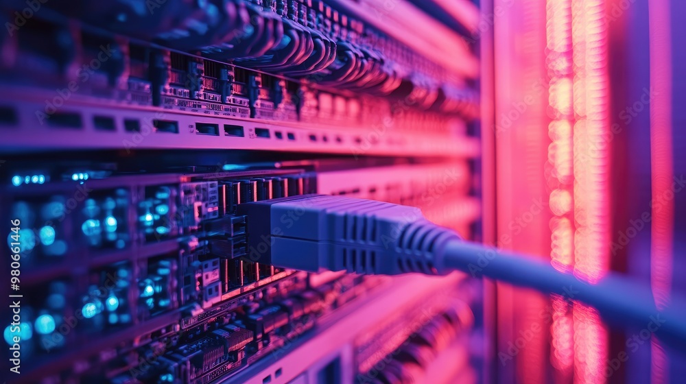 Poster bundles of network cables connecting to a core switch in a secure it facility, showing efficient dat