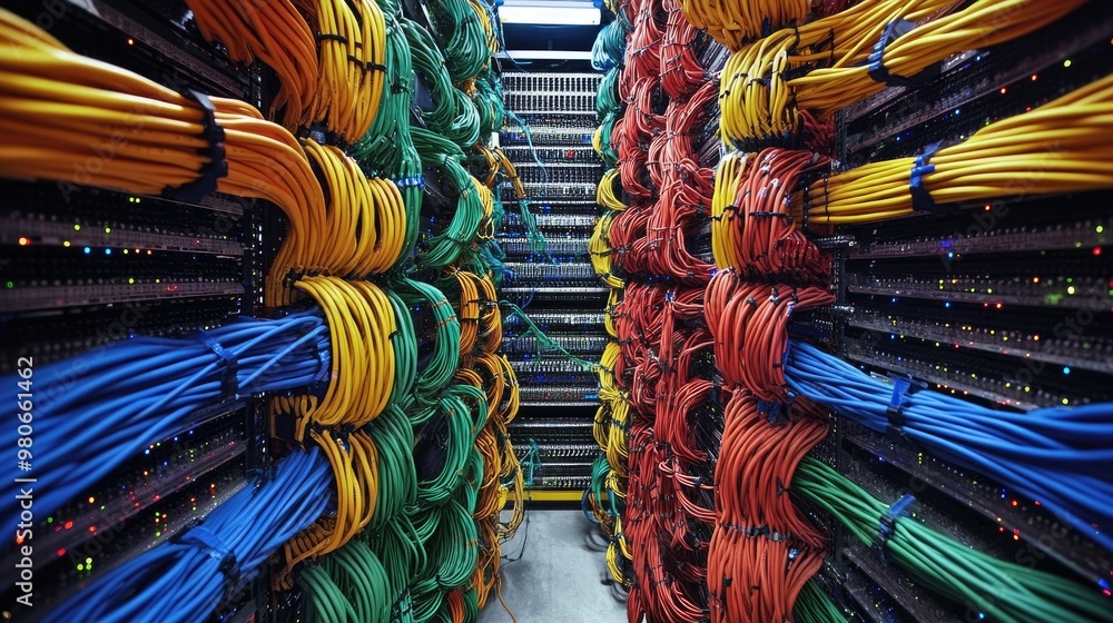 Poster bundles of network cables connecting to a core switch in a secure it facility, showing efficient dat