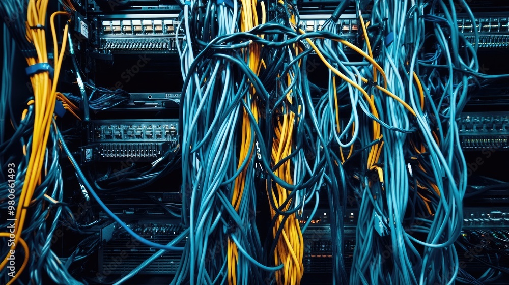 Poster bundles of network cables connecting to a core switch in a secure it facility, showing efficient dat