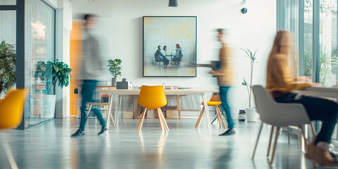 business people walking in the corridor of an business center, pronounced motion blur, crowded bright modern light office movement defocused. office background busy. talking and rushing in the lobby.