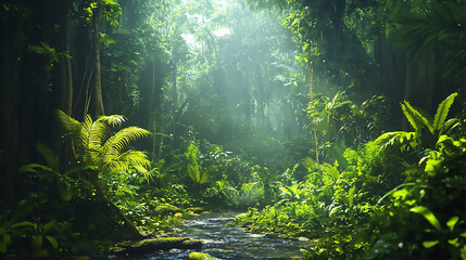 Rays of sunlight break through the trees and limpets  towering trees